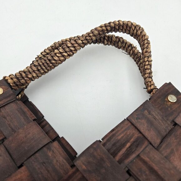 Dark Brown Wood Basket Weave Handbag Womens Medium Handles Coastal Cottagecore - Picture 9 of 14